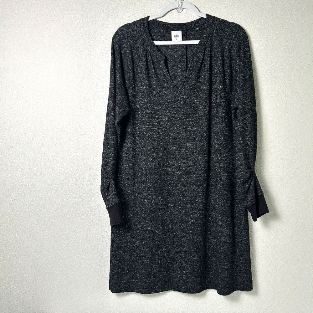 CAbi PJ Sweater Dress Size M Gray Long Ruched Sleeve Split Neck Stretch 3829